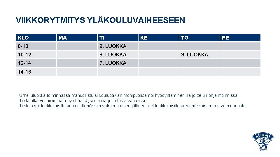 VIIKKORYTMITYS YLÄKOULUVAIHEESEEN KLO MA TI 8 -10 9. LUOKKA 10 -12 8. LUOKKA 12