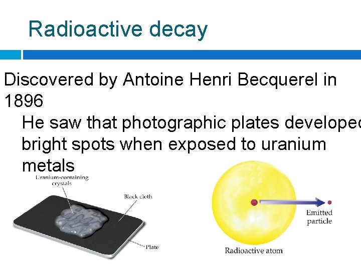 Radioactive decay Discovered by Antoine Henri Becquerel in 1896 He saw that photographic plates