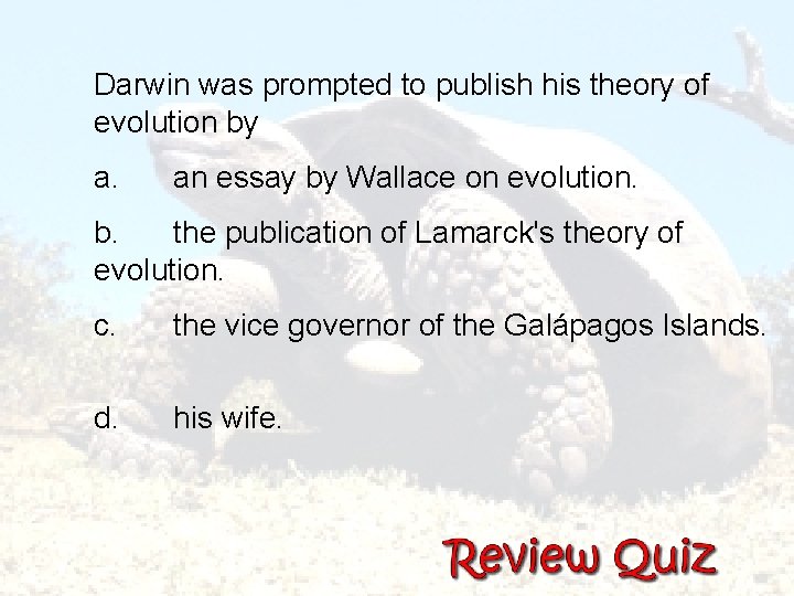 Darwin was prompted to publish his theory of evolution by a. an essay by