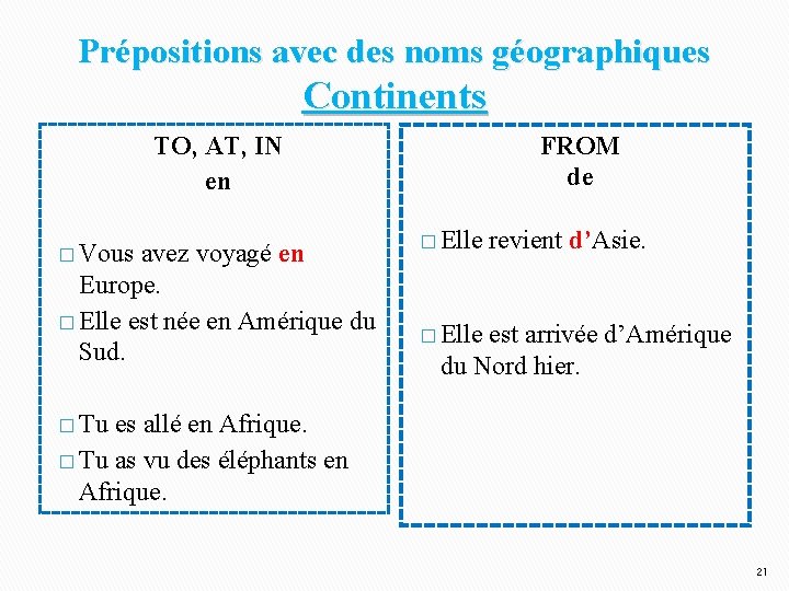 Prépositions avec des noms géographiques Continents TO, AT, IN en � Vous avez voyagé