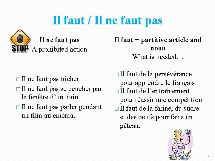 Il faut / Il ne faut pas A prohibited action � Il ne faut