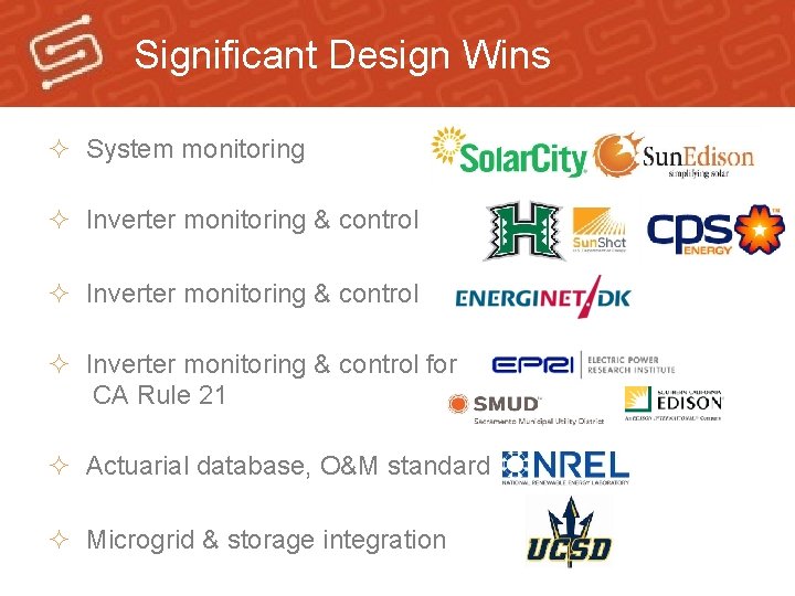 Significant Design Wins ² System monitoring ² Inverter monitoring & control for CA Rule