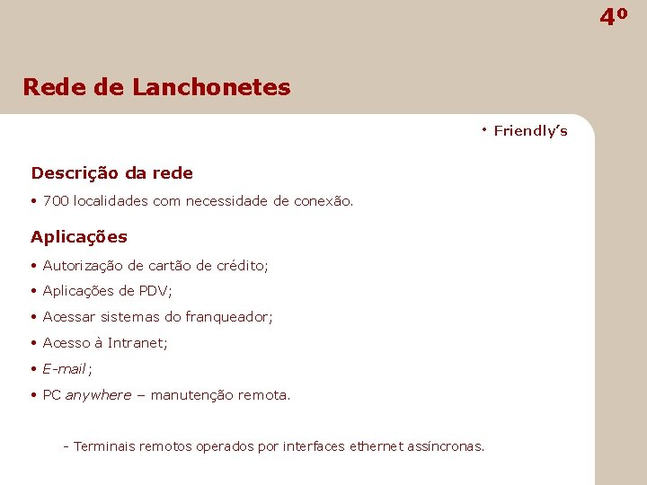 4º Rede de Lanchonetes • Friendly’s Descrição da rede • 700 localidades com necessidade