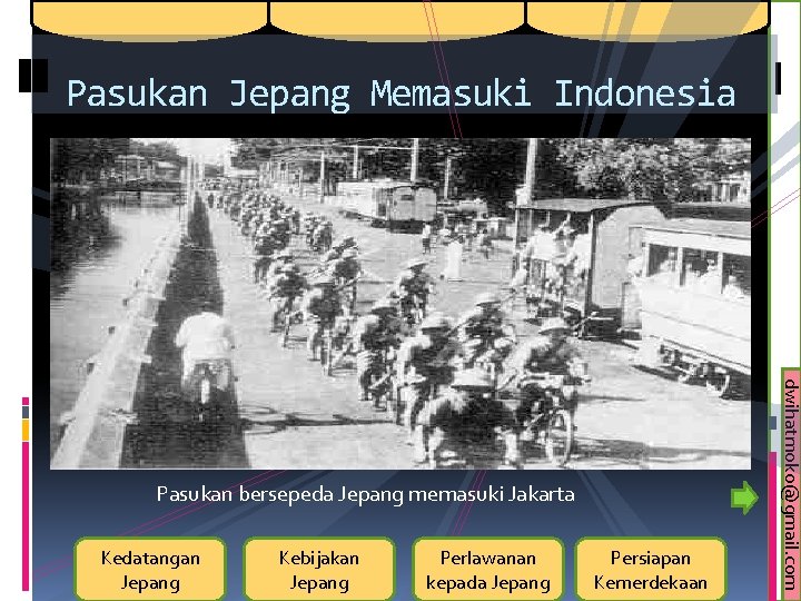 Pasukan Jepang Memasuki Indonesia Kedatangan Jepang Kebijakan Jepang Perlawanan kepada Jepang Persiapan Kemerdekaan dwihatmoko@gmail.