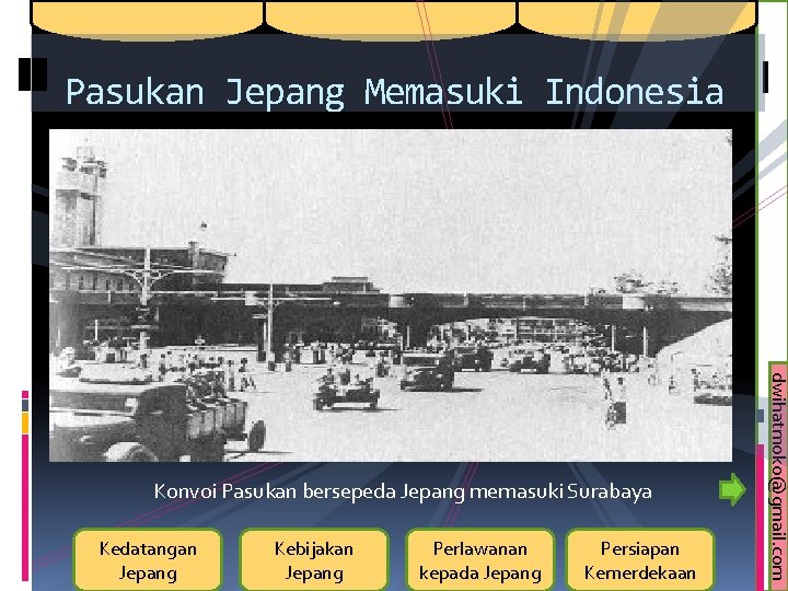 Pasukan Jepang Memasuki Indonesia Kedatangan Jepang Kebijakan Jepang Perlawanan kepada Jepang Persiapan Kemerdekaan dwihatmoko@gmail.