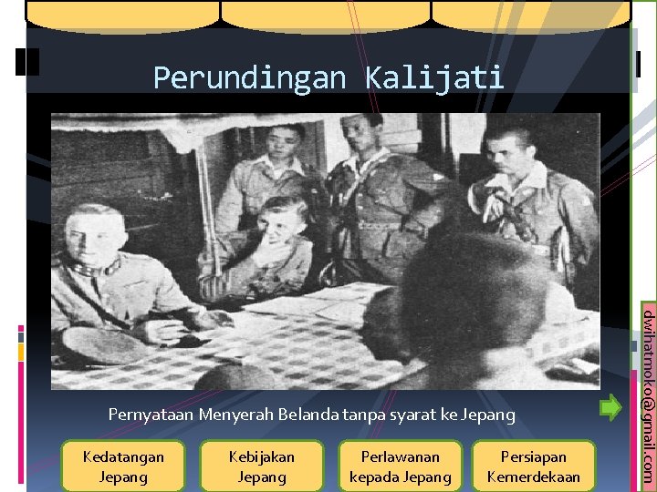 Perundingan Kalijati Kedatangan Jepang Kebijakan Jepang Perlawanan kepada Jepang Persiapan Kemerdekaan dwihatmoko@gmail. com Pernyataan