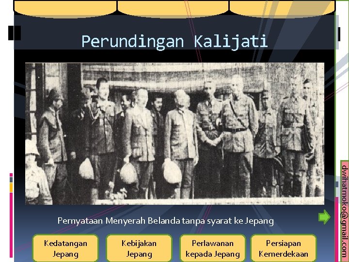 Perundingan Kalijati Kedatangan Jepang Kebijakan Jepang Perlawanan kepada Jepang Persiapan Kemerdekaan dwihatmoko@gmail. com Pernyataan