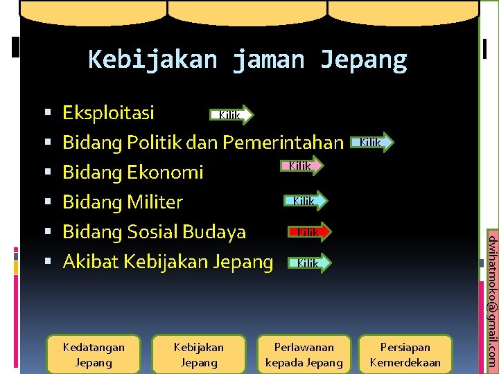 Kebijakan jaman Jepang Kilik Eksploitasi Bidang Politik dan Pemerintahan Kilik Bidang Ekonomi Kilik Bidang