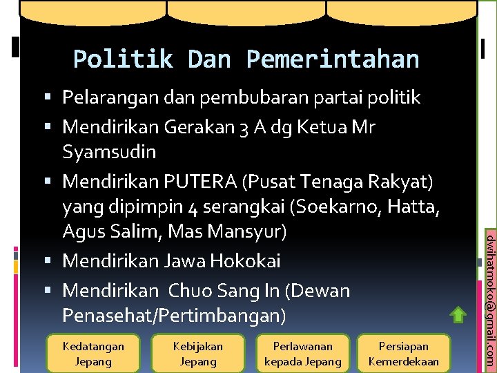 Politik Dan Pemerintahan Kedatangan Jepang Kebijakan Jepang Perlawanan kepada Jepang Persiapan Kemerdekaan dwihatmoko@gmail. com