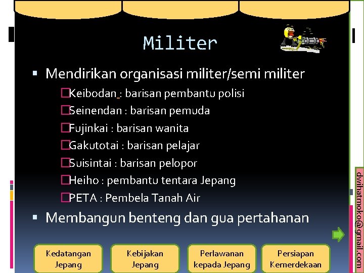 Militer Mendirikan organisasi militer/semi militer Membangun benteng dan gua pertahanan Kedatangan Jepang Kebijakan Jepang