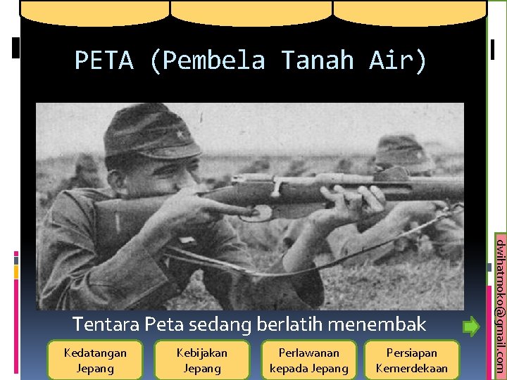 PETA (Pembela Tanah Air) Kedatangan Jepang Kebijakan Jepang Perlawanan kepada Jepang Persiapan Kemerdekaan dwihatmoko@gmail.