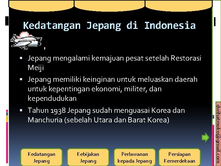 Kedatangan Jepang di Indonesia Jepang mengalami kemajuan pesat setelah Restorasi Meiji Jepang memiliki keinginan