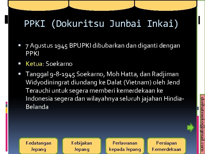 PPKI (Dokuritsu Junbai Inkai) 7 Agustus 1945 BPUPKI dibubarkan diganti dengan PPKI Ketua: Soekarno