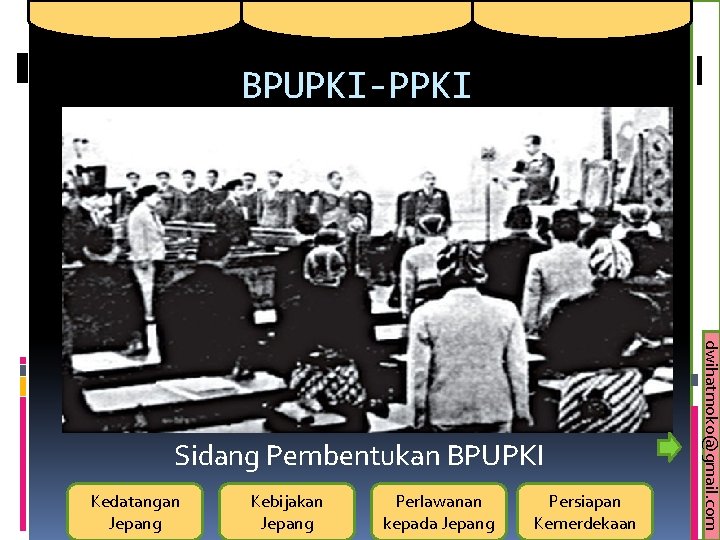 BPUPKI-PPKI Kedatangan Jepang Kebijakan Jepang Perlawanan kepada Jepang Persiapan Kemerdekaan dwihatmoko@gmail. com Sidang Pembentukan