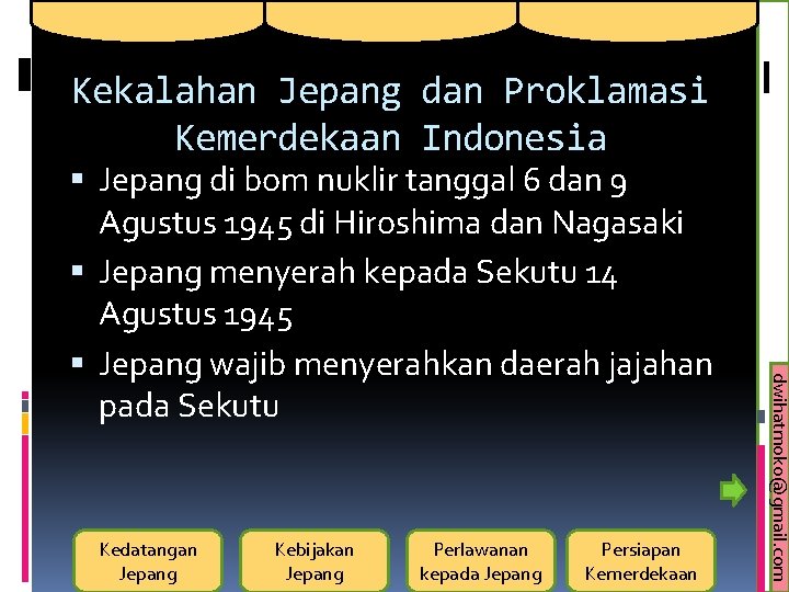 Kekalahan Jepang dan Proklamasi Kemerdekaan Indonesia Kedatangan Jepang Kebijakan Jepang Perlawanan kepada Jepang Persiapan