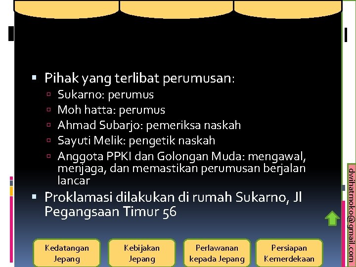  Pihak yang terlibat perumusan: Proklamasi dilakukan di rumah Sukarno, Jl Pegangsaan Timur 56