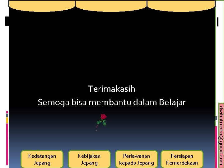 Kedatangan Jepang Kebijakan Jepang Perlawanan kepada Jepang Persiapan Kemerdekaan dwihatmoko@gmail. com Terimakasih Semoga bisa