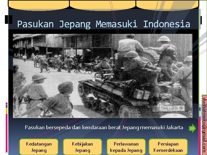 Pasukan Jepang Memasuki Indonesia Kedatangan Jepang Kebijakan Jepang Perlawanan kepada Jepang Persiapan Kemerdekaan dwihatmoko@gmail.