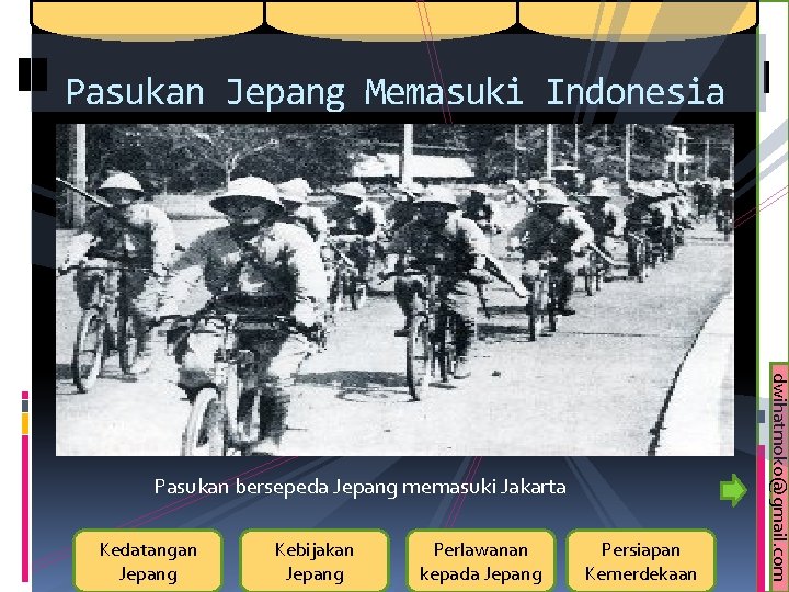 Pasukan Jepang Memasuki Indonesia Kedatangan Jepang Kebijakan Jepang Perlawanan kepada Jepang Persiapan Kemerdekaan dwihatmoko@gmail.