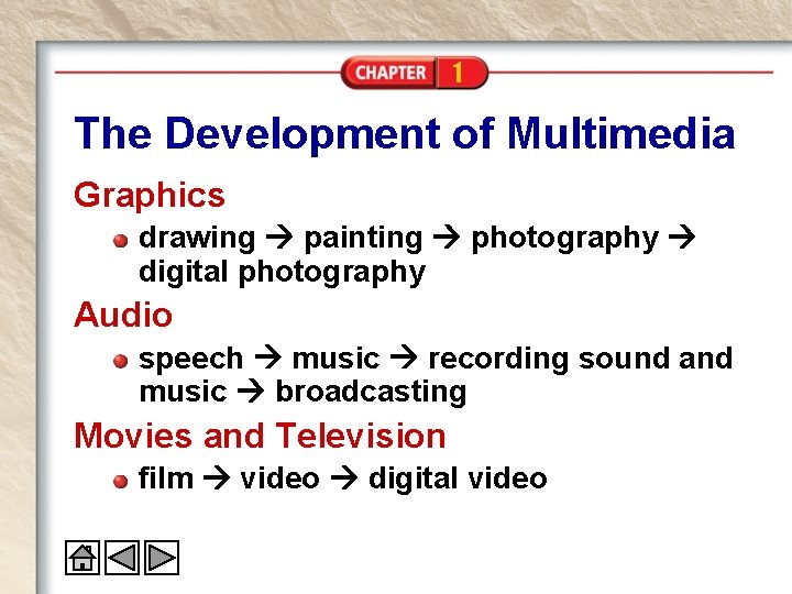 1 The Development of Multimedia Graphics drawing painting photography digital photography Audio speech music 1 The Development of Multimedia Graphics drawing painting photography digital photography Audio speech music