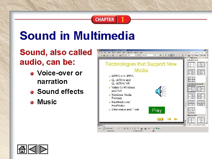 1 Sound in Multimedia Sound, also called audio, can be: Voice-over or narration Sound 1 Sound in Multimedia Sound, also called audio, can be: Voice-over or narration Sound