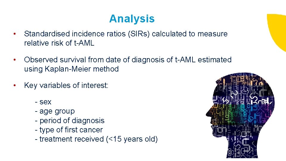 Analysis • Standardised incidence ratios (SIRs) calculated to measure relative risk of t-AML •