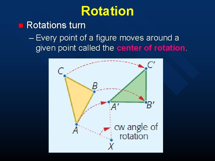 Rotation n Rotations turn – Every point of a figure moves around a given