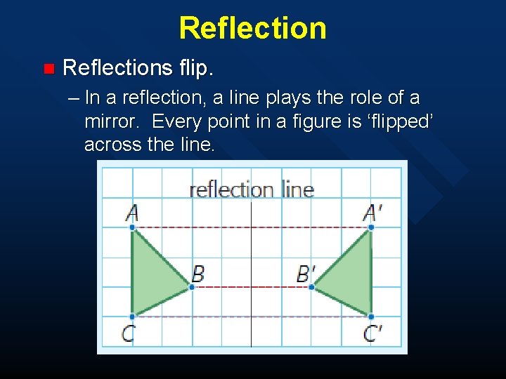 Reflection n Reflections flip. – In a reflection, a line plays the role of