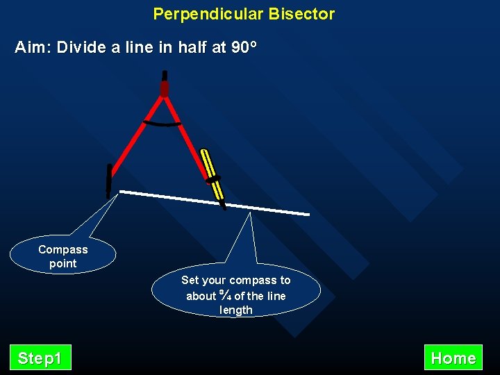 Perpendicular Bisector Aim: Divide a line in half at 90º Compass point Set your