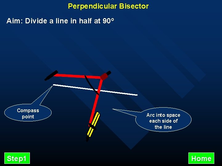 Perpendicular Bisector Aim: Divide a line in half at 90º Compass point Step 1