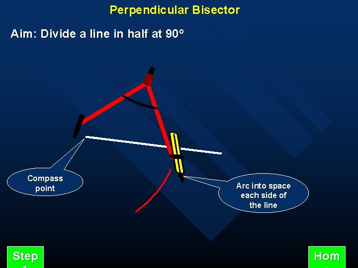 Perpendicular Bisector Aim: Divide a line in half at 90º Compass point Step Arc