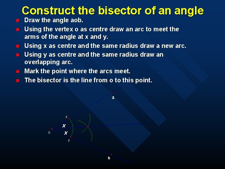 Construct the bisector of an angle n n n Draw the angle aob. Using