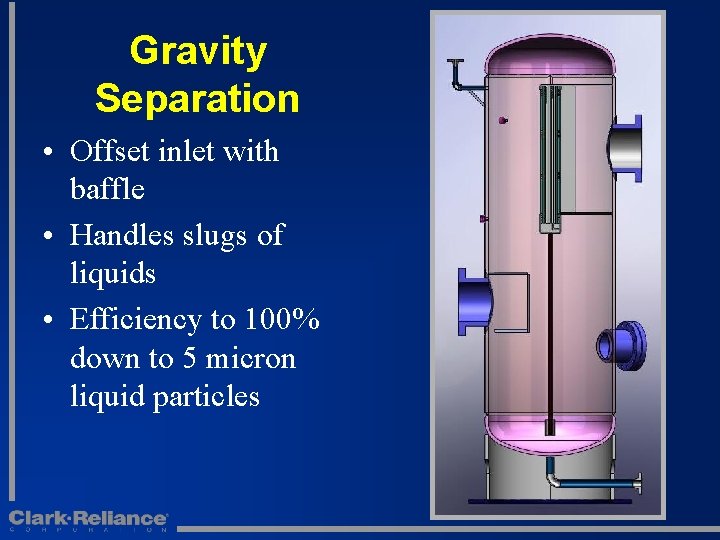 Gravity Separation • Offset inlet with baffle • Handles slugs of liquids • Efficiency