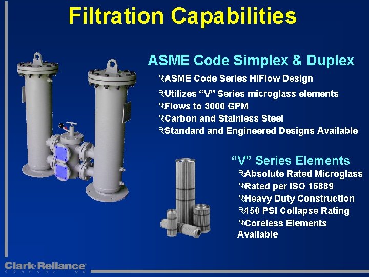 Filtration Capabilities ASME Code Simplex & Duplex ÊASME Code Series Hi. Flow Design ÊUtilizes