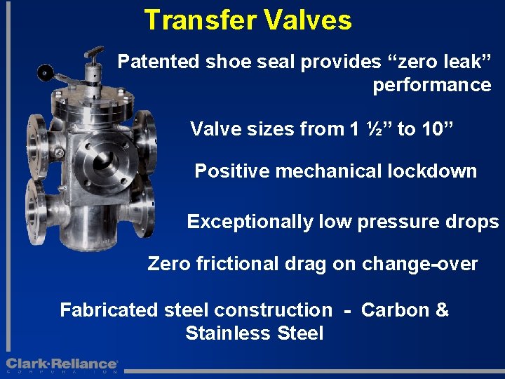 Transfer Valves Patented shoe seal provides “zero leak” performance Valve sizes from 1 ½”