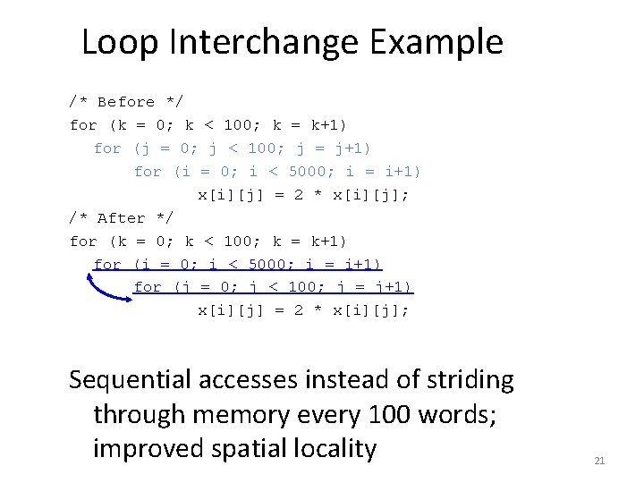 Loop Interchange Example /* Before */ for (k = 0; k < 100; k