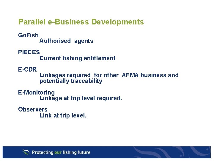 Parallel e-Business Developments Go. Fish Authorised agents PIECES Current fishing entitlement E-CDR Linkages required