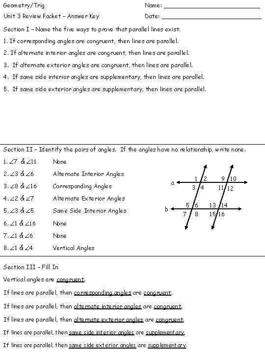 Geometry/Trig Name: _____________ Unit 3 Review Packet – Answer Key Date: ______________ Section I