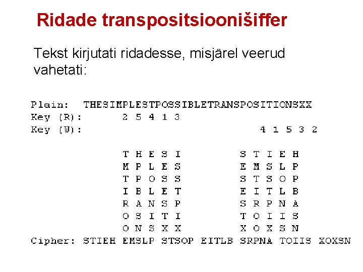 Ridade transpositsioonišiffer Tekst kirjutati ridadesse, misjärel veerud vahetati: 