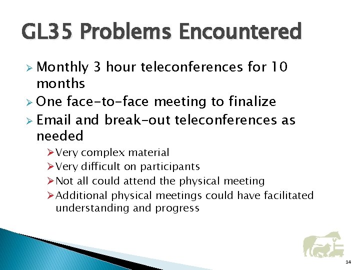 GL 35 Problems Encountered Ø Monthly 3 hour teleconferences for 10 months Ø One
