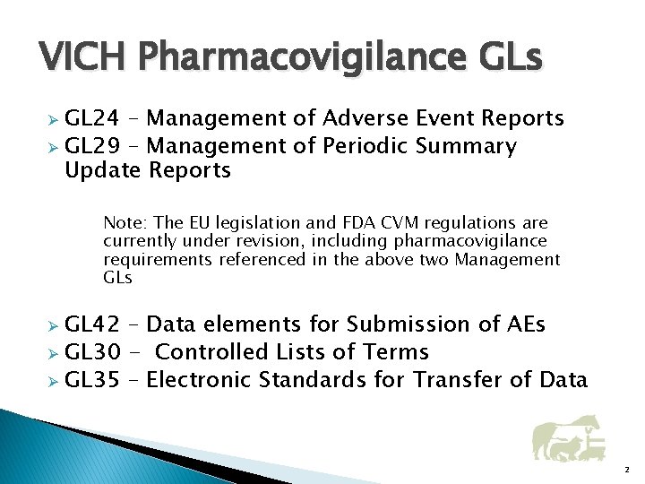 VICH Pharmacovigilance GLs GL 24 – Management of Adverse Event Reports Ø GL 29