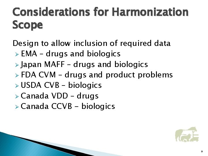 Considerations for Harmonization Scope Design to allow inclusion of required data Ø EMA –