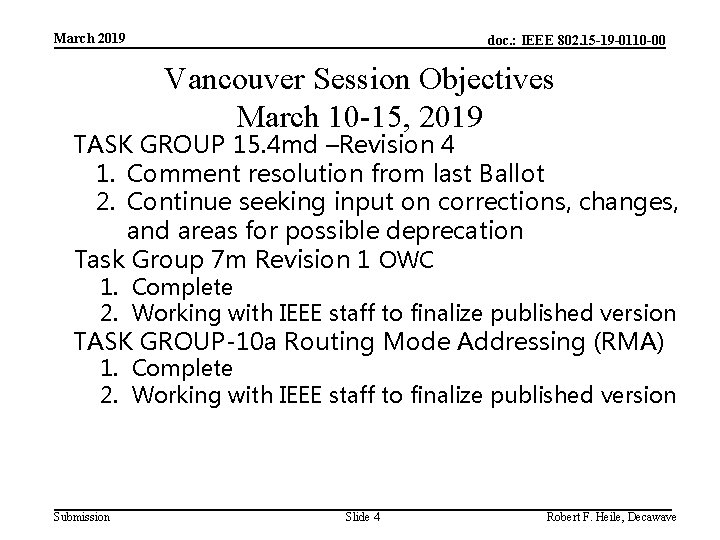 March 2019 doc. : IEEE 802. 15 -19 -0110 -00 Vancouver Session Objectives March