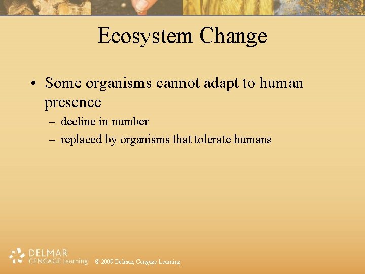 Ecosystem Change • Some organisms cannot adapt to human presence – decline in number
