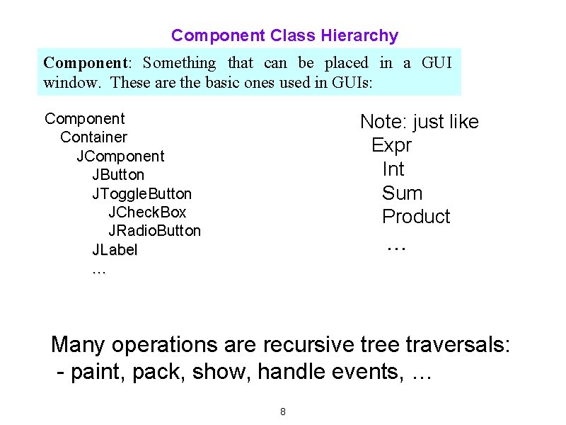 Component Class Hierarchy Component: Something that can be placed in a GUI window. These