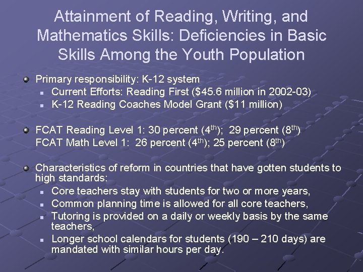 Attainment of Reading, Writing, and Mathematics Skills: Deficiencies in Basic Skills Among the Youth