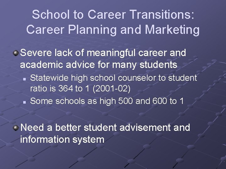 School to Career Transitions: Career Planning and Marketing Severe lack of meaningful career and