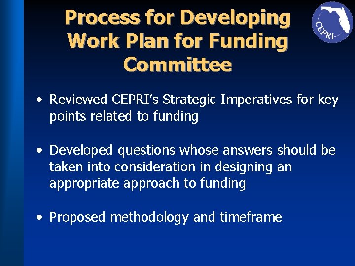 Process for Developing Work Plan for Funding Committee • Reviewed CEPRI’s Strategic Imperatives for