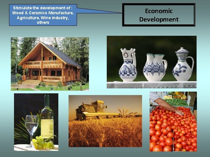 Stimulate the development of : Wood & Ceramics Manufacture, Agriculture, Wine industry, others Economic