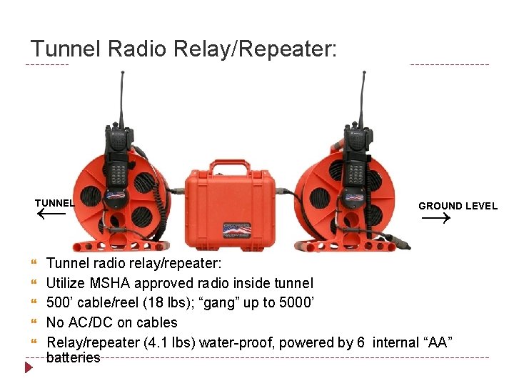 Tunnel Radio Relay/Repeater: ← TUNNEL → GROUND LEVEL Tunnel radio relay/repeater: Utilize MSHA approved